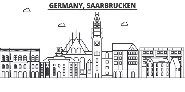 Alemania, Saarbrucken arquitectura línea skyline ilustración. Paisaje urbano vector lineal con monumentos famosos, lugares de interés de la ciudad, iconos de diseño. Paisaje con trazos editables — Archivo Imágenes Vectoriales