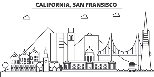 カリフォルニア州、サンフランシスコの建築線スカイラインの図。有名なランドマーク、観光、デザイン アイコンと線形ベクトル街並み。編集可能なストロークのある風景します。 — ストックベクタ