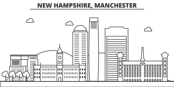 New Hampshire, Manchester architecture line skyline illustration. Paisaje urbano vector lineal con monumentos famosos, lugares de interés de la ciudad, iconos de diseño. Paisaje con trazos editables — Vector de stock
