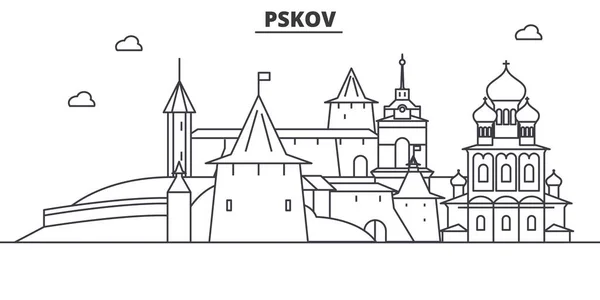 Oroszország, Pskov építészet vonal városkép illusztráció. Lineáris vektor városkép híres tereptárgyak, a város nevezetességeit, a design ikonok. Szerkeszthető vonásokkal táj — Stock Vector