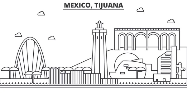 Mexiko, Tijuana architektura linie Panorama ilustrace. Lineární vektorové panoráma s slavných památek, pamětihodností města, ikony designu. Krajina s upravitelnou tahy — Stockový vektor