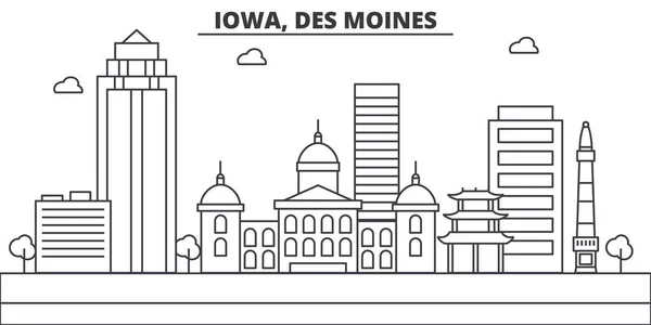 Iowa, línea de arquitectura de Des Moines skyline ilustración. Paisaje urbano vector lineal con monumentos famosos, lugares de interés de la ciudad, iconos de diseño. Paisaje con trazos editables — Archivo Imágenes Vectoriales