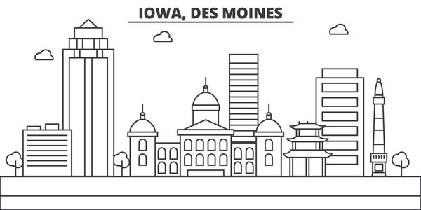 Iowa, Des Moines architecture line skyline illustration. Linear vector cityscape with famous landmarks, city sights, design icons. Landscape wtih editable strokes