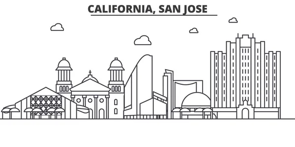 Californie San Jose architecture ligne skyline illustration. Paysage urbain vectoriel linéaire avec des monuments célèbres, des sites de la ville, des icônes de design. Paysage wtih coups modifiables — Image vectorielle