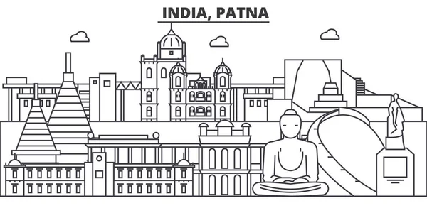 India, línea de arquitectura de Patna skyline ilustración. Paisaje urbano vector lineal con monumentos famosos, lugares de interés de la ciudad, iconos de diseño. Golpes editables — Archivo Imágenes Vectoriales