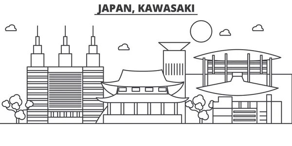 日本、川崎建築線スカイラインの図。有名なランドマーク、観光、デザイン アイコンと線形ベクトル街並み。編集可能なストロークのある風景します。 — ストックベクタ