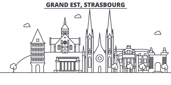 Francia, Strasburgo linea di architettura skyline illustrazione. Paesaggio urbano vettoriale lineare con monumenti famosi, monumenti della città, icone del design. Tracce modificabili del paesaggio wtih — Vettoriale Stock