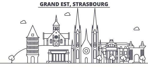 Франция, Strasbourg architecture line skyline illustration. Линейный вектор города с известными достопримечательностями, городскими достопримечательностями, дизайнерскими решениями. Ландшафт с редактируемыми штрихами
