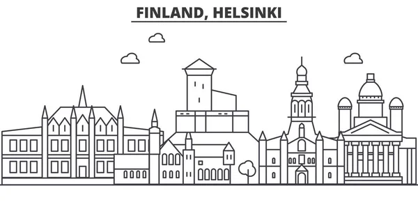 フィンランド、ヘルシンキの建築線のスカイラインの図。有名なランドマーク、観光、デザイン アイコンと線形ベクトル街並み。編集可能なストロークのある風景します。 — ストックベクタ