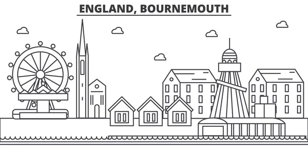 Inglaterra, Bournemouth arquitectura línea skyline ilustración. Paisaje urbano vector lineal con monumentos famosos, lugares de interés de la ciudad, iconos de diseño. Paisaje con trazos editables — Vector de stock