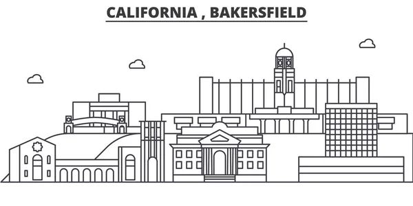 Californie, Bakersfield architecture ligne skyline illustration. Paysage urbain vectoriel linéaire avec des monuments célèbres, des sites de la ville, des icônes de design. Paysage wtih coups modifiables — Image vectorielle