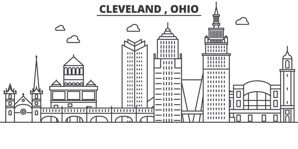 Ohio Cleveland arkkitehtuuri linja horisonttiin kuvitus. Lineaarinen vektori kaupunkimaisema kuuluisia maamerkkejä, kaupungin nähtävyyksiä, design-kuvakkeita. Maisema wtih muokattavissa aivohalvauksia — vektorikuva
