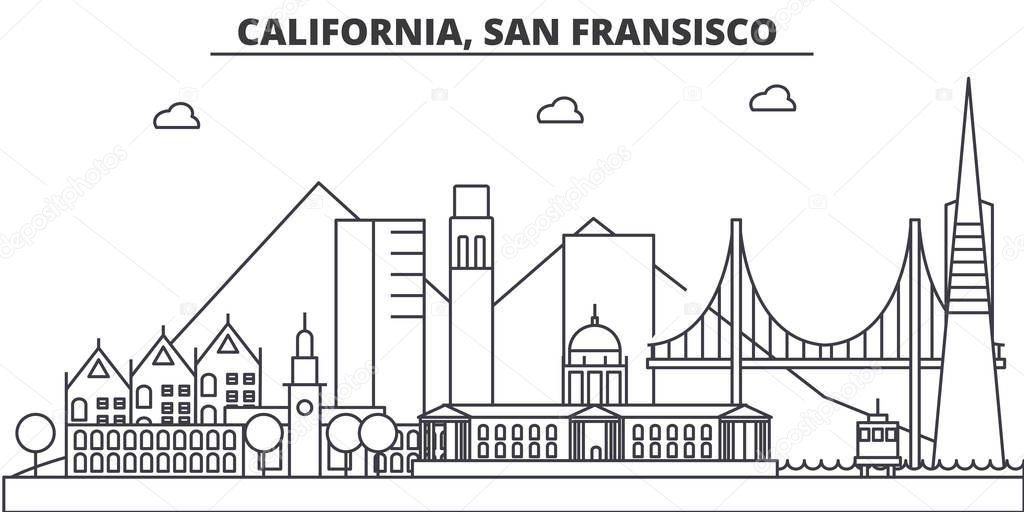 California, San Francisco architecture line skyline illustration. Linear vector cityscape with famous landmarks, city sights, design icons. Landscape wtih editable strokes