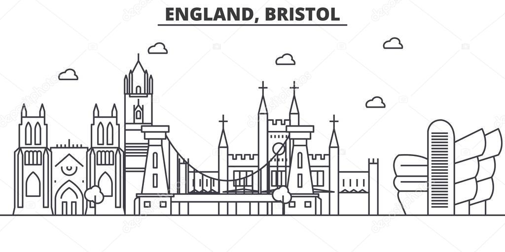 England, Bristol architecture line skyline illustration. Linear vector cityscape with famous landmarks, city sights, design icons. Landscape wtih editable strokes