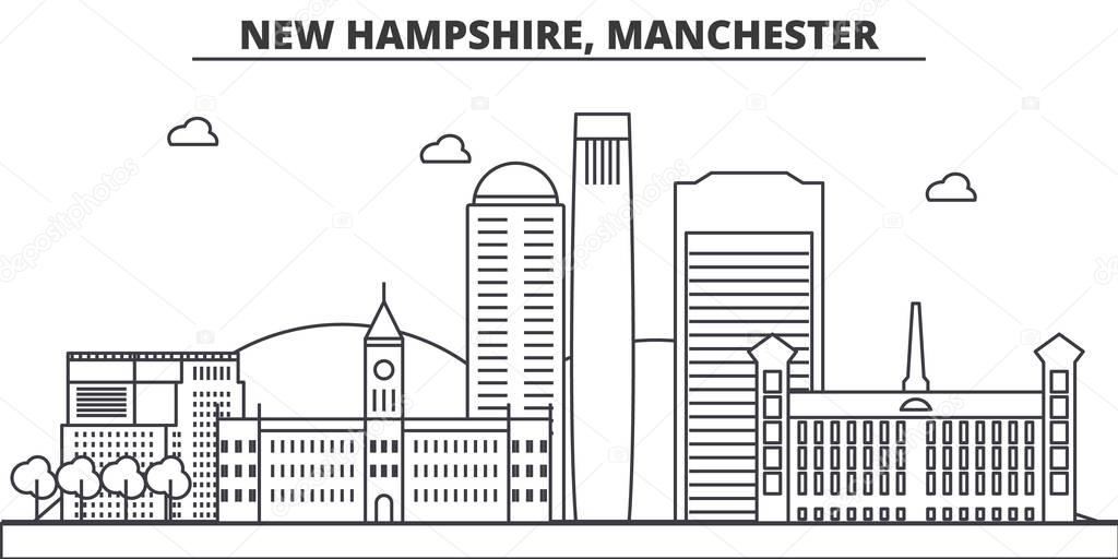 New Hampshire, Manchester architecture line skyline illustration. Linear vector cityscape with famous landmarks, city sights, design icons. Landscape wtih editable strokes