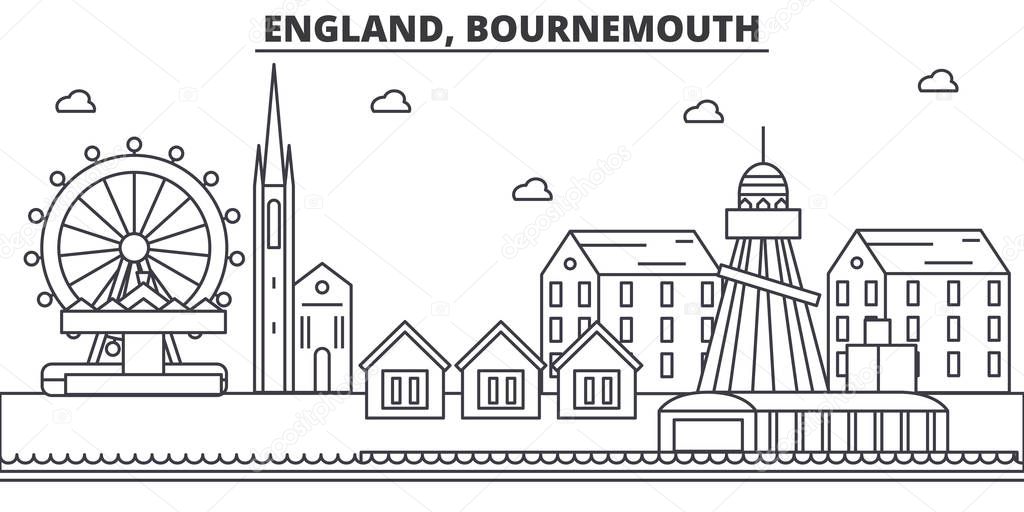 England, Bournemouth architecture line skyline illustration. Linear vector cityscape with famous landmarks, city sights, design icons. Landscape wtih editable strokes