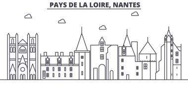 Fransa, Nantes mimari satır manzarası illüstrasyon. Doğrusal vektör cityscape ünlü simge, şehir manzaraları, tasarım simgeler. Düzenlenebilir darbeleri ile manzara