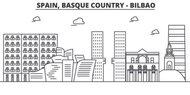 İspanya, Bilbao, Bask Ülkesi mimari satır manzarası illüstrasyon. Doğrusal vektör cityscape ünlü simge, şehir manzaraları, tasarım simgeler. Düzenlenebilir darbeleri ile manzara