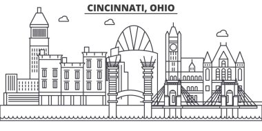 Cincinnati, Ohio mimari satır manzarası illüstrasyon. Doğrusal vektör cityscape ünlü simge, şehir manzaraları, tasarım simgeler. Düzenlenebilir darbeleri ile manzara