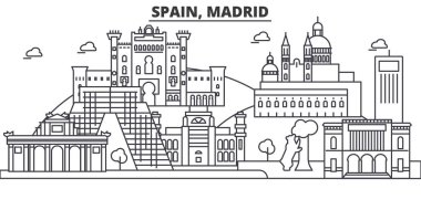 İspanya, Madrid mimari satır manzarası illüstrasyon. Doğrusal vektör cityscape ünlü simge, şehir manzaraları, tasarım simgeler. Düzenlenebilir darbeleri ile manzara