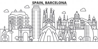 İspanya, Barcelona mimarisi satır manzarası illüstrasyon. Doğrusal vektör cityscape ünlü simge, şehir manzaraları, tasarım simgeler. Düzenlenebilir darbeleri ile manzara