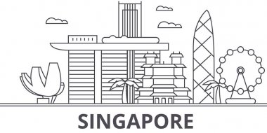 Singapur mimari satır manzarası illüstrasyon. Doğrusal vektör cityscape ünlü simge, şehir manzaraları, tasarım simgeler. Düzenlenebilir darbeleri ile manzara