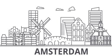 Amsterdam mimari satır manzarası illüstrasyon. Doğrusal vektör cityscape ünlü simge, şehir manzaraları, tasarım simgeler. Düzenlenebilir darbeleri ile manzara