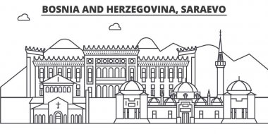 Bosna-Hersek, Saraevo Mimarlık satır manzarası illüstrasyon. Doğrusal vektör cityscape ünlü simge, şehir manzaraları, tasarım simgeler. Düzenlenebilir darbeleri ile manzara