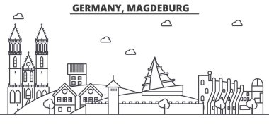 Almanya, Magdeburg mimari satır manzarası illüstrasyon. Doğrusal vektör cityscape ünlü simge, şehir manzaraları, tasarım simgeler. Düzenlenebilir darbeleri ile manzara