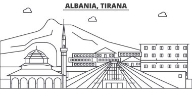 Arnavutluk Tiran mimari satır manzarası illüstrasyon. Doğrusal vektör cityscape ünlü simge, şehir manzaraları, tasarım simgeler. Düzenlenebilir darbeleri ile manzara