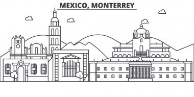 Meksika Monterrey mimari satır manzarası illüstrasyon. Doğrusal vektör cityscape ünlü simge, şehir manzaraları, tasarım simgeler. Düzenlenebilir darbeleri ile manzara