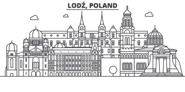 Polonya, Lodz mimari satır manzarası illüstrasyon. Doğrusal vektör cityscape ünlü simge, şehir manzaraları, tasarım simgeler. Düzenlenebilir darbeleri ile manzara
