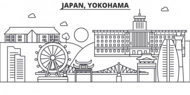 Japonya, Yokohama mimari satır manzarası illüstrasyon. Doğrusal vektör cityscape ünlü simge, şehir manzaraları, tasarım simgeler. Düzenlenebilir darbeleri ile manzara