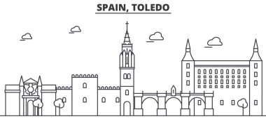 İspanya, Toledo mimari satır manzarası illüstrasyon. Doğrusal vektör cityscape ünlü simge, şehir manzaraları, tasarım simgeler. Düzenlenebilir darbeleri ile manzara