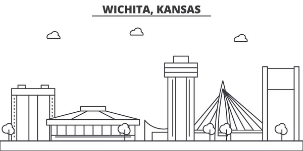 Kansas, Wichita architecture line skyline illustration. Paisaje urbano vector lineal con monumentos famosos, lugares de interés de la ciudad, iconos de diseño. Paisaje con trazos editables — Vector de stock