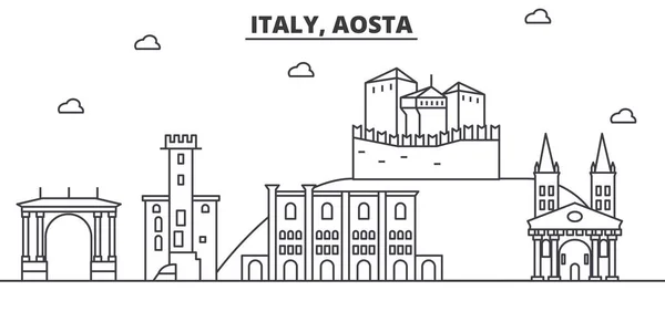 Italia, línea de arquitectura Aosta skyline ilustración. Paisaje urbano vector lineal con monumentos famosos, lugares de interés de la ciudad, iconos de diseño. Paisaje con trazos editables — Vector de stock