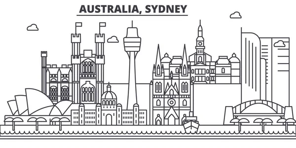 호주, 시드니 건축 선 스카이 라인 일러스트입니다. 유명한 랜드마크, 시티 명소와 선형 벡터 풍경 디자인 아이콘. 편집 가능한 선 프리 — 스톡 벡터