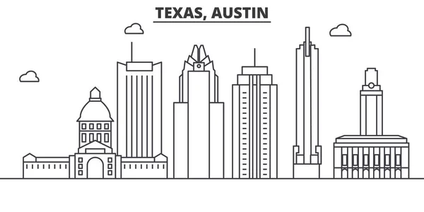 Texas Austin építészet vonal városkép illusztráció. Lineáris vektor városkép híres tereptárgyak, a város nevezetességeit, a design ikonok. Szerkeszthető vonásokkal táj — Stock Vector