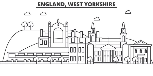 Inglaterra, West Yorkshire arquitetura linha skyline ilustração. Cityscape vector linear com marcos famosos, pontos turísticos da cidade, ícones de design. Paisagem wtih traços editáveis —  Vetores de Stock