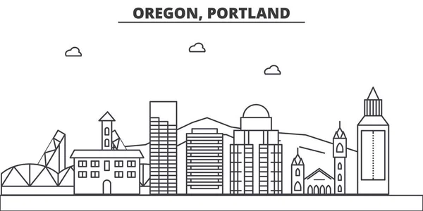 オレゴン州、ポートランド建築線スカイラインの図。有名なランドマーク、観光、デザイン アイコンと線形ベクトル街並み。編集可能なストロークのある風景します。 — ストックベクタ