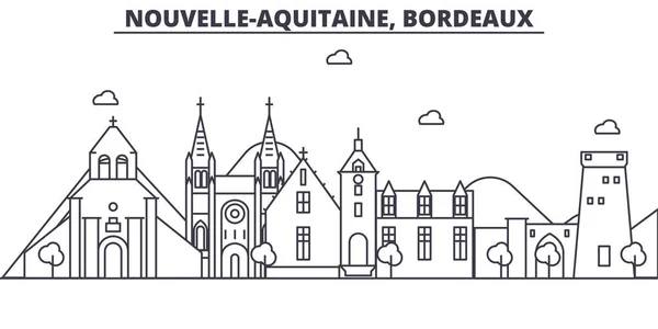 프랑스, 보르도 건축 선 스카이 라인 일러스트입니다. 유명한 랜드마크, 시티 명소와 선형 벡터 풍경 디자인 아이콘. 편집 가능한 선 프리 — 스톡 벡터