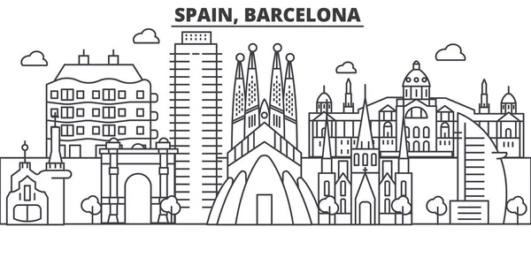 Spanje, Barcelona het platform lijn skyline illustratie. Lineaire vector stadsgezicht met beroemde bezienswaardigheden, de bezienswaardigheden van de stad, iconen ontwerp. Landschap met bewerkbare lijnen — Stockvector