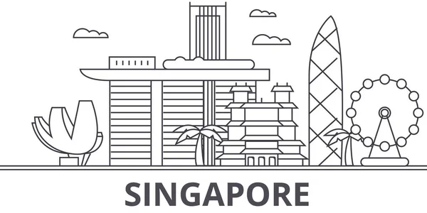 Singapore architektur linie skyline illustration. Linearer Vektor Stadtbild mit berühmten Wahrzeichen, Sehenswürdigkeiten, Design-Ikonen. Landschaft mit editierbaren Strichen — Stockvektor