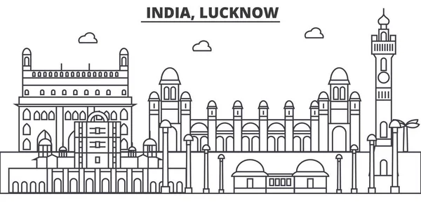 India, Lucknow arquitectura línea skyline ilustración. Paisaje urbano vector lineal con monumentos famosos, lugares de interés de la ciudad, iconos de diseño. Golpes editables — Vector de stock