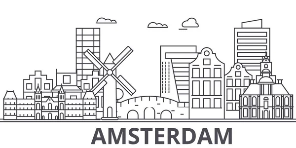 Amsterdam architektur line skyline illustration. Linearer Vektor Stadtbild mit berühmten Wahrzeichen, Sehenswürdigkeiten, Design-Ikonen. Landschaft mit editierbaren Strichen — Stockvektor