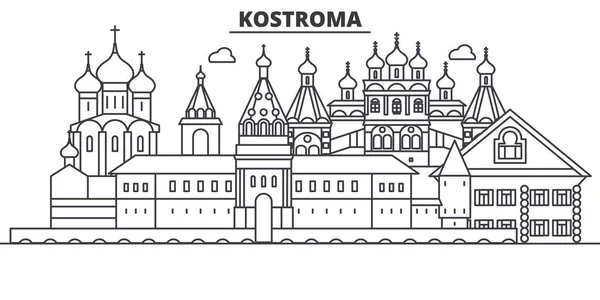 Rusia, Kostroma arquitectura línea skyline ilustración. Paisaje urbano vector lineal con monumentos famosos, lugares de interés de la ciudad, iconos de diseño. Paisaje con trazos editables — Vector de stock