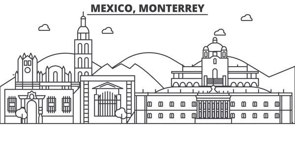 México, línea de arquitectura Monterrey skyline ilustración. Paisaje urbano vector lineal con monumentos famosos, lugares de interés de la ciudad, iconos de diseño. Paisaje con trazos editables — Vector de stock