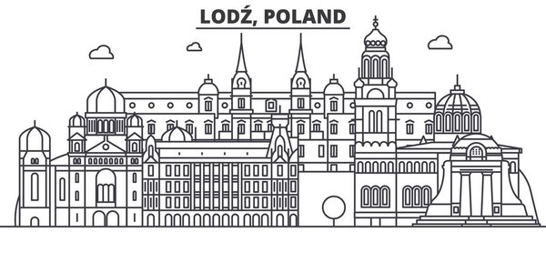 Poland, Lodz architecture line skyline illustration. Linear vector cityscape with famous landmarks, city sights, design icons. Landscape wtih editable strokes