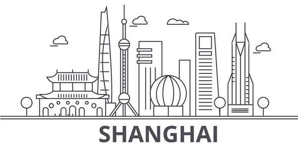 上海建筑线天际线图。线性向量的景观，如著名的地标，市内的旅游景点，设计图标。景观与可编辑笔触 — 图库矢量图片