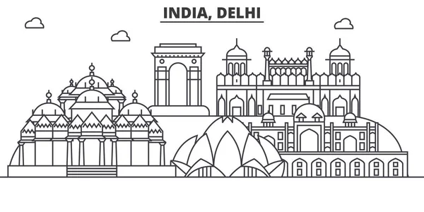 India, línea de arquitectura de Delhi skyline ilustración. Paisaje urbano vector lineal con monumentos famosos, lugares de interés de la ciudad, iconos de diseño. Paisaje con trazos editables — Vector de stock